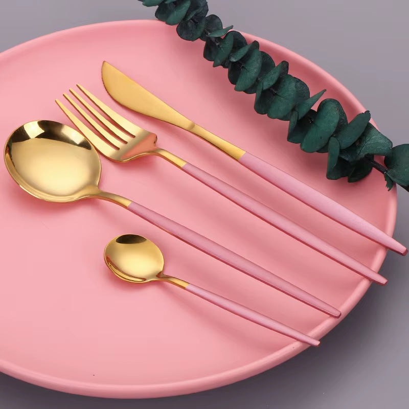 Pink Gold Stainless Steel Cutlery Set Dinnerware 